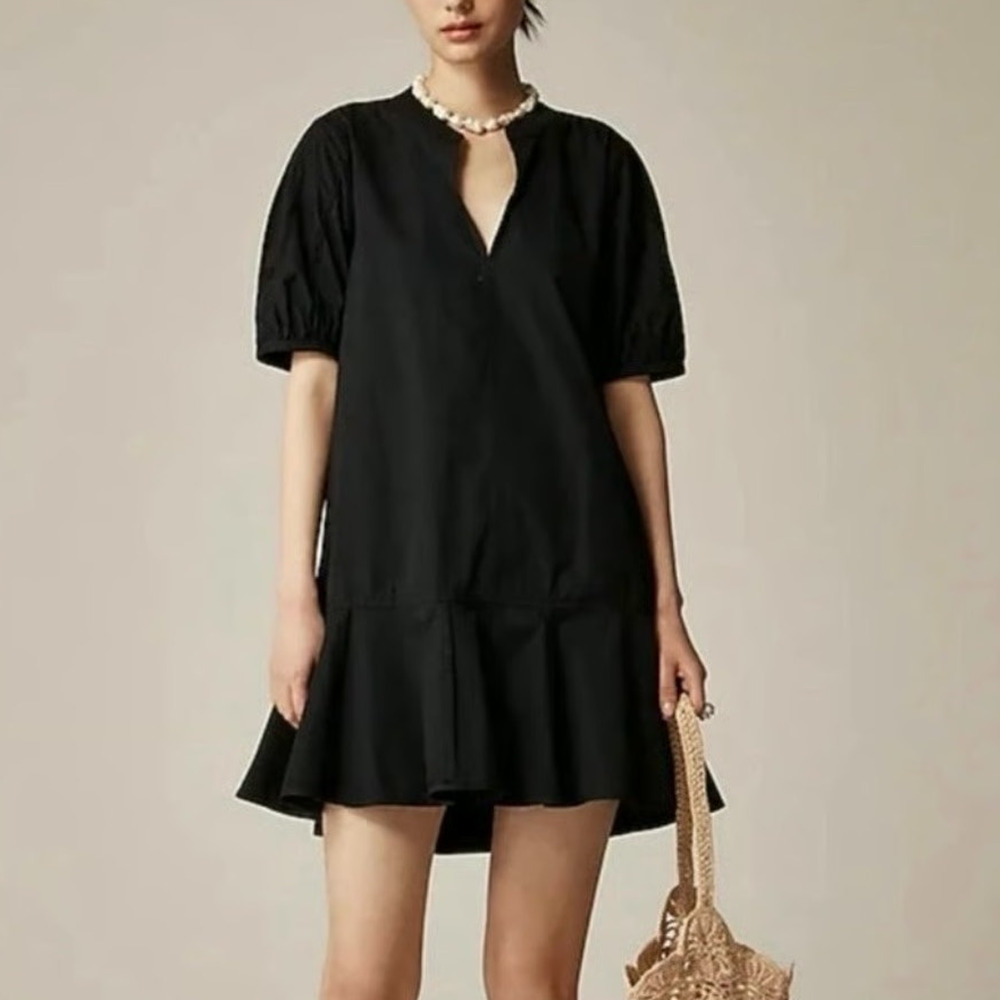 J.Crew Delilah Puff Sleeve Mini Cotton Poplin Dress Black Size Medium NWT